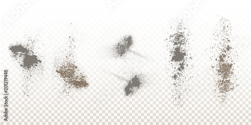 Scattered powder falls, stains, splashes, powder explosion. On an isolated background. Grunge blots trail and spray.