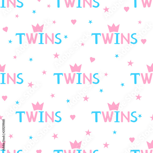 Seamless pattern with word twins, crowns, hearts and stars.