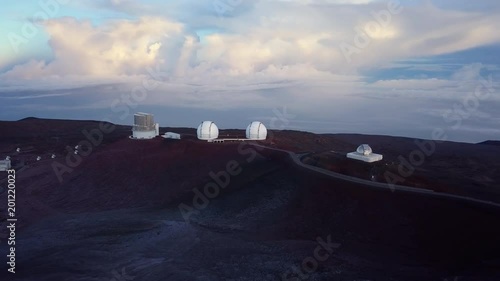 Aerial sunrise general view of Keck Telescopes of Mauna Kea Astronomical Observatory, Hawaii. USA
