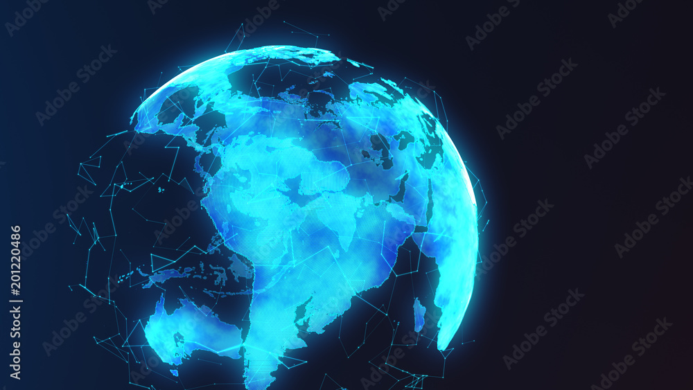 Fototapeta premium Futuristic digital earth and spins with network nodes connecting and circling the globe. Modern digital age, global connectivity and distributed cryptocurrency blockchain concept. Ultra HD