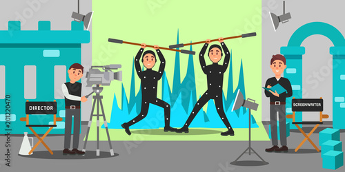 Director, screenwriter and actors working on the film, entertainment industry, movie making vector Illustration