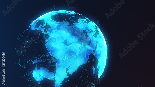 Futuristic digital earth and spins with network nodes connecting and circling the globe. Modern digital age, global connectivity and distributed cryptocurrency blockchain concept. Ultra HD photo