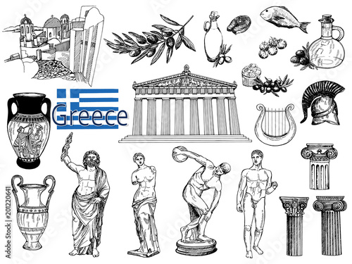 Set of hand drawn sketch style Greek themed objects isolated on white background. Vector illustration.