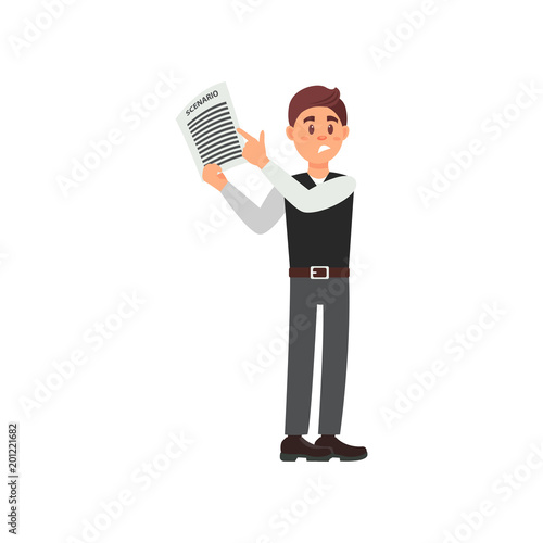 Male assistant holding a clapperboard, entertainment industry, movie making concept vector Illustration on a white background