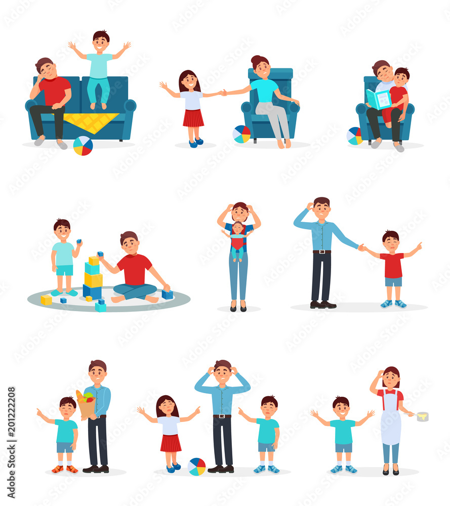 Tired parents and their children set, exhausted parents playing, reading and caring for their children vector Illustrations on a white background