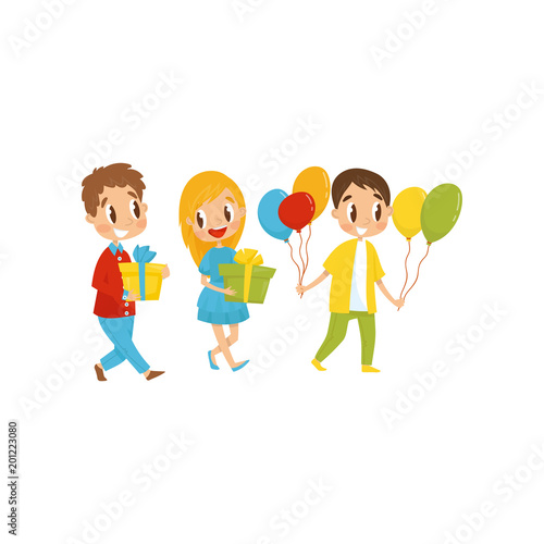 Cute kids with gift boxes going to party, birthday party concept cartoon vector Illustration on a white background