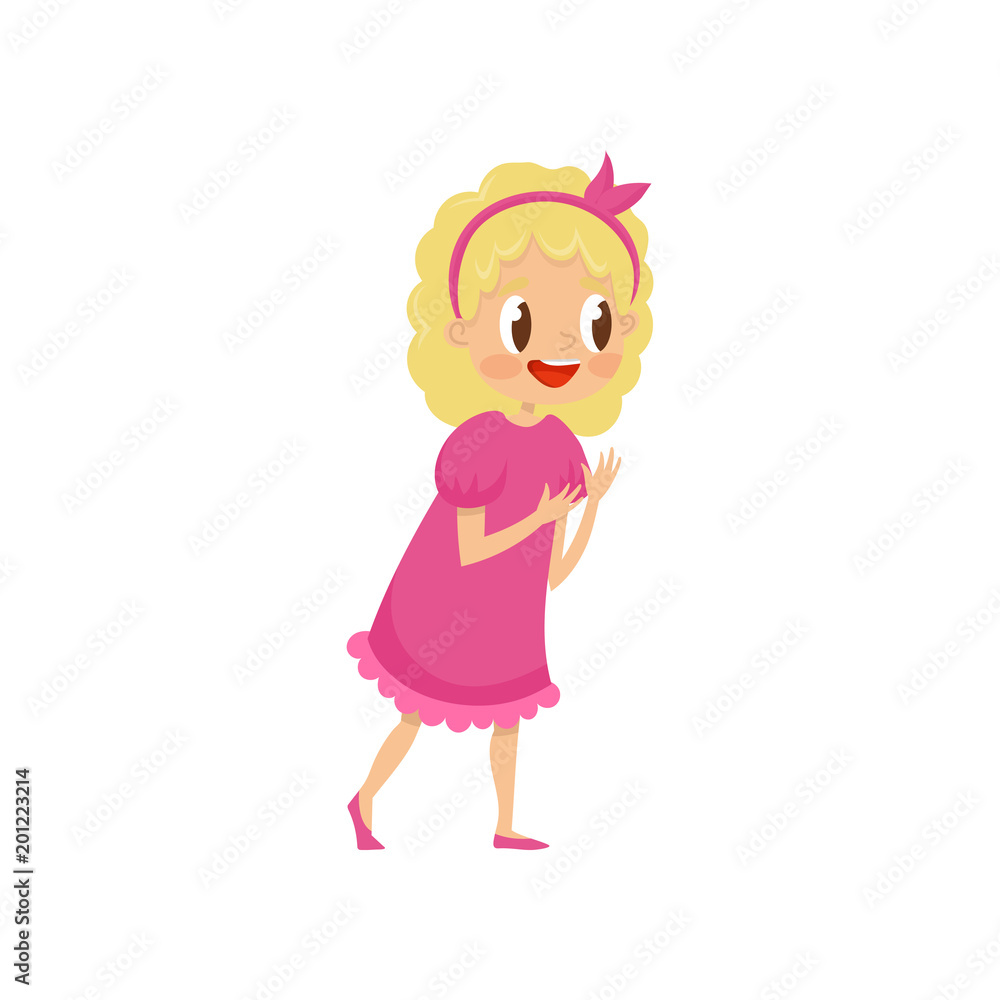 Cute blonde girl in pink dress, kids party concept cartoon vector Illustration on a white background Cute blonde girl in pink dress, kids party concept cartoon vector Illustration on a white background