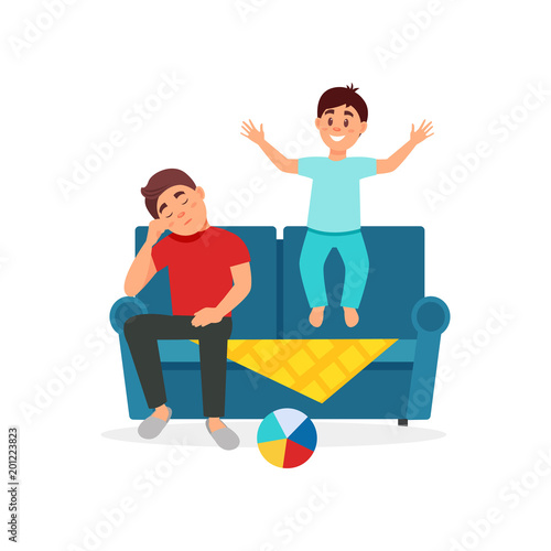 Tired father sitting on the couch next to the jumping son, parenting concept vector Illustration on a white background