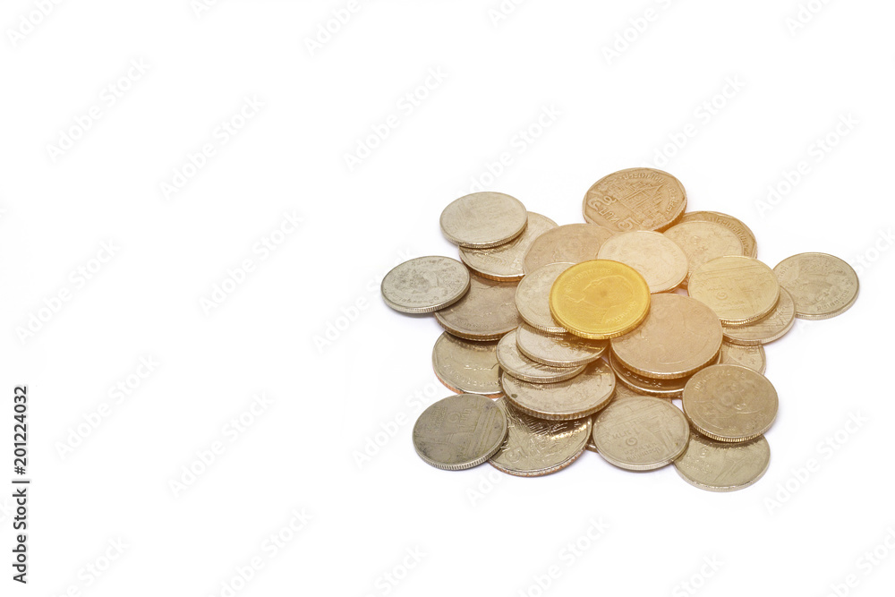 old coin,Golden coin and old coin stacking on a white background with light glow old coin,Golden coin and old coin stacking on a white background with light glow