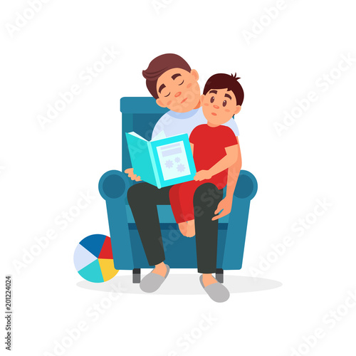 Tired father reading a book to his son, parenting stress vector Illustration on a white background
