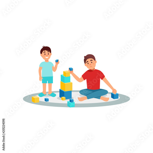 Tired father playing cubes with his son, parenting stress vector Illustration on a white background