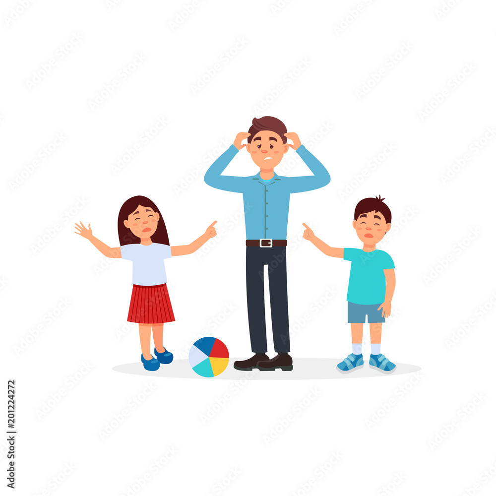 Father being tired with his kids, parenting stress vector Illustration on a white background