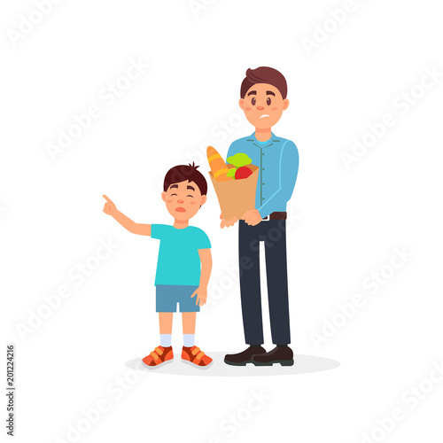 Father with shopping bag being tired with his capricious son, parenting stress vector Illustration on a white background