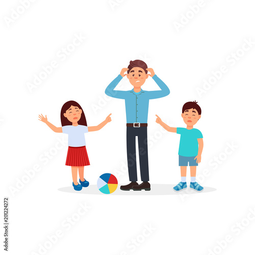 Father being tired with his kids, parenting stress vector Illustration on a white background