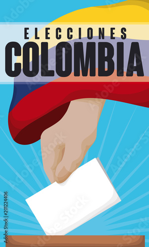 Hand Covered for Tricolor Flag and Voting for Colombian Elections, Vector Illustration