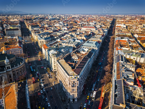 Budapest, Hungary - Aerial panoramic skyline of Budapest with Andrassy street and Bajcsy-Zsilinszky street at sunset with clear blue sky