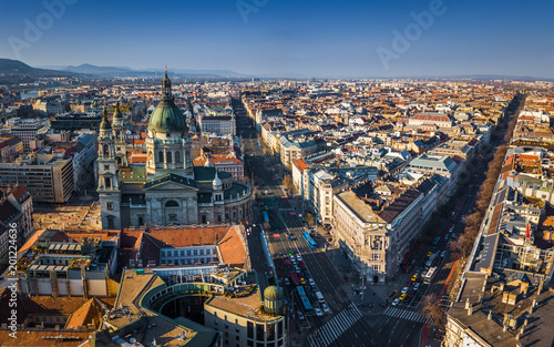 Budapest  Hungary - Aerial view of St.Stephen s basilica with Andrassy street and Bajcsy-Zsilinszky street at sunset with clear blue sky