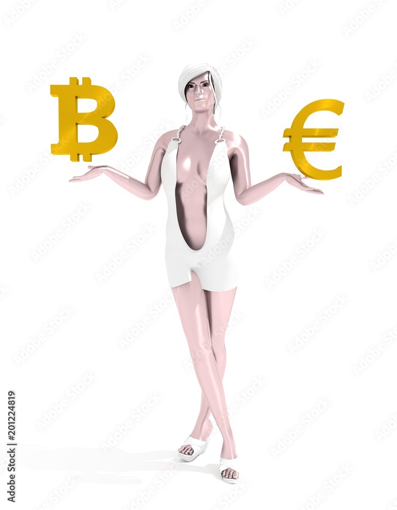 Young lady holding a symbols of currency. Bitcoin and Euro money sign. 3D rendering. Short elegant dress. Metallic material