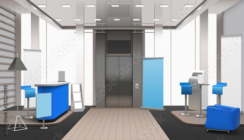 Realistic Lobby Interior Blue Elements