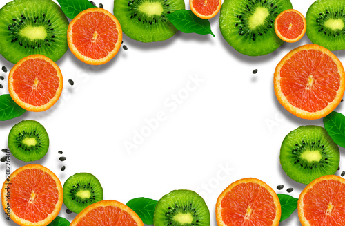 orange and kiwi on white isolated background