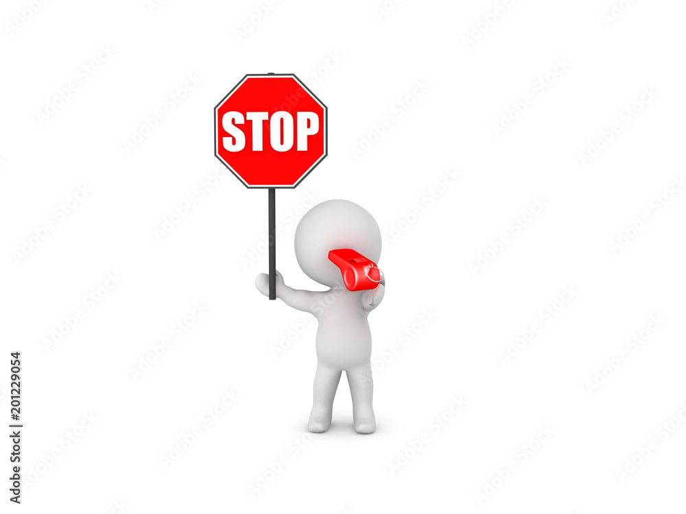 3D Character holding stop sign and blowing whistle 3D Character holding stop sign and blowing whistle