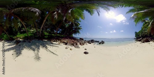 360 degree view 4k video deserted small beautiful sand beach with palmtrees on seychelles island on sunny day, recorded in 8K
