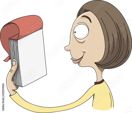 A cartoon woman holding a pad of paper and looking at a blank sheet of paper.