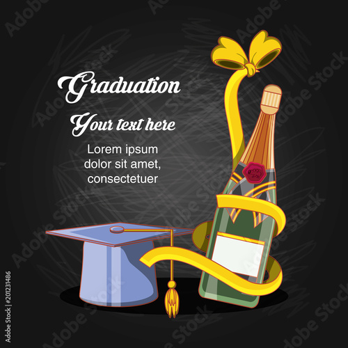 graduation card with hat and wine vector illustration design