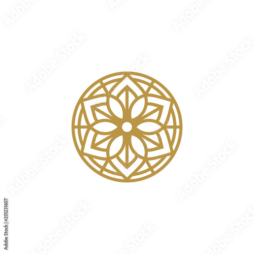 Golden round flower, eco emblem logo template