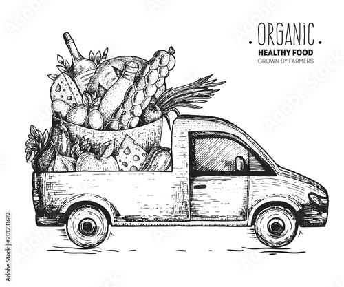 Delivery truck hand drawn vector illustration. Sketch concept for design. Organic food, engraved style. Fast delivery of fresh food.