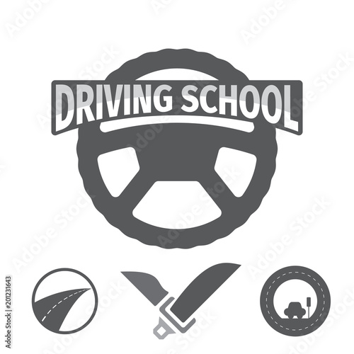 Set of vector graphic elements on the subject Driving school. Vector illustration.  Drivers education emblem.