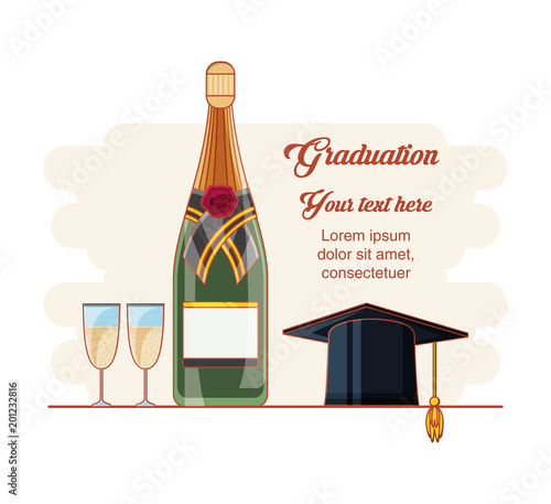 graduation card with hat and wine vector illustration design