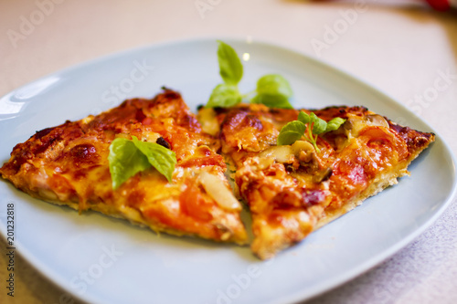 Homemade pizza slices on a blue plate, fresh food