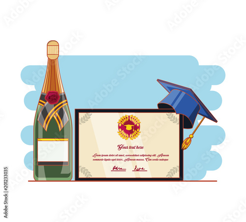graduation card with hat and wine vector illustration design