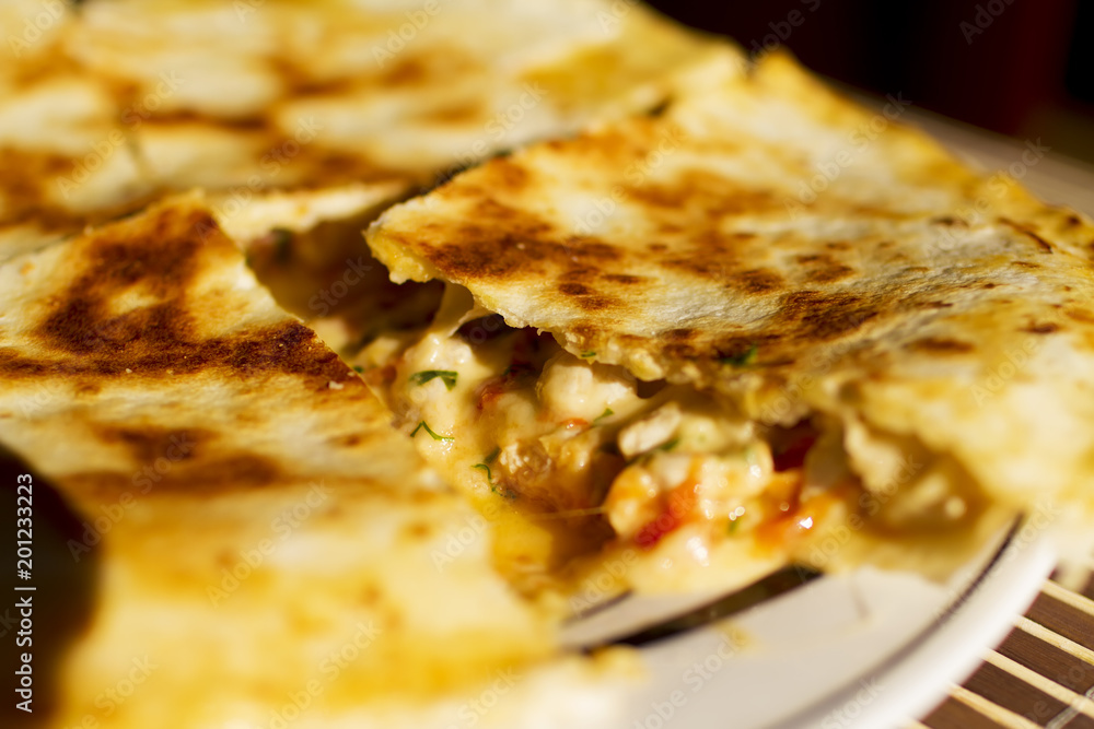 Roasted quesadilla with cheese and tomatoes on a plate, close up