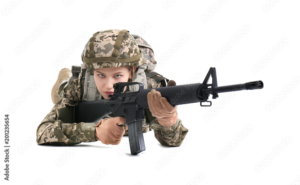 Female soldier with machine gun on white background. Military service Female soldier with machine gun on white background. Military service