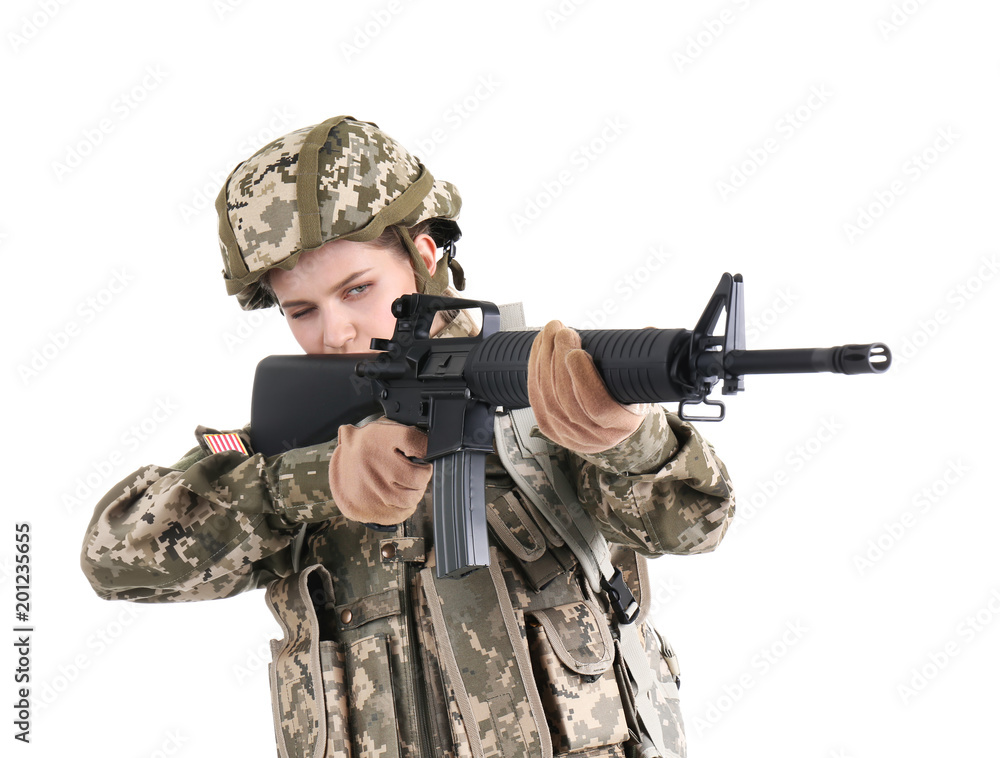 Female soldier with machine gun on white background. Military service Female soldier with machine gun on white background. Military service