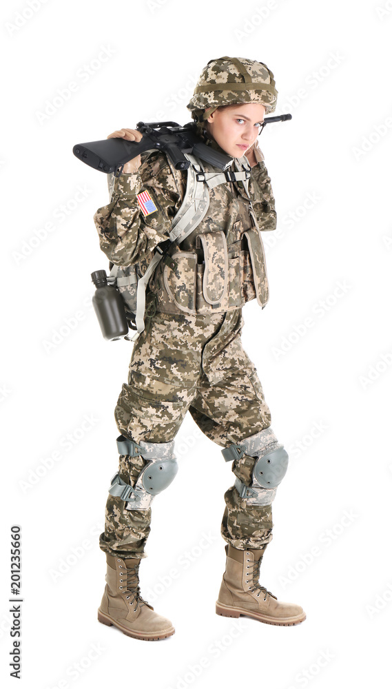 Female soldier with machine gun on white background. Military service Female soldier with machine gun on white background. Military service