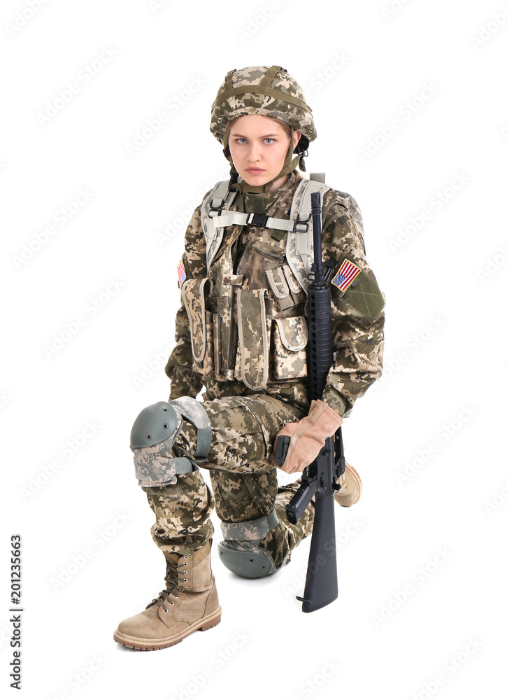 Female soldier with machine gun on white background. Military service Female soldier with machine gun on white background. Military service