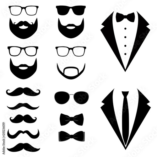 Men's tuxedo. Mustaches, glasses, beard.
