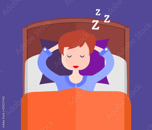 Girl sleeping in her bed. Night. Vector illustration.