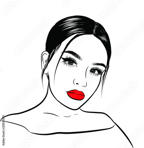 Illuistration of a girl with silky hair Perfect salon look.Trendy poster for textile, fabric, web, wallpaper, poster, home design, office design.
