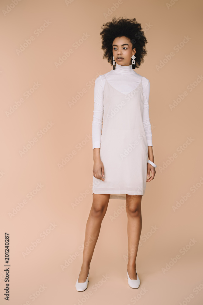 Ταπετσαρία beautiful young woman in stylish white dress on beige