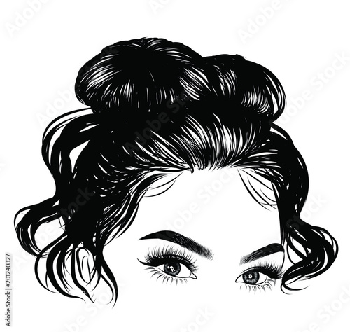 Woman with stylish classic bun with perfet eyebrow shaped and ful. Illustration of business hairstyle with natural long hair. Hand-drawn idea for gretting card, poster, flyers, web, print for t-shirt.