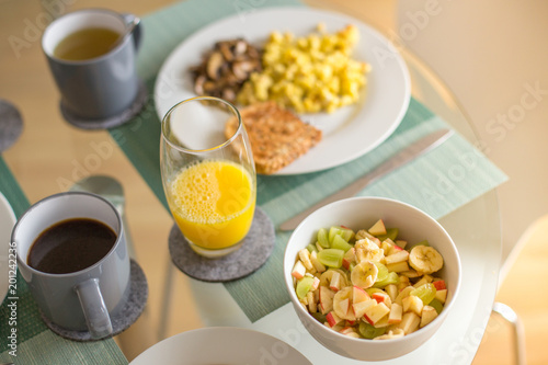 Healthy breakfast with fruits coffee and juice