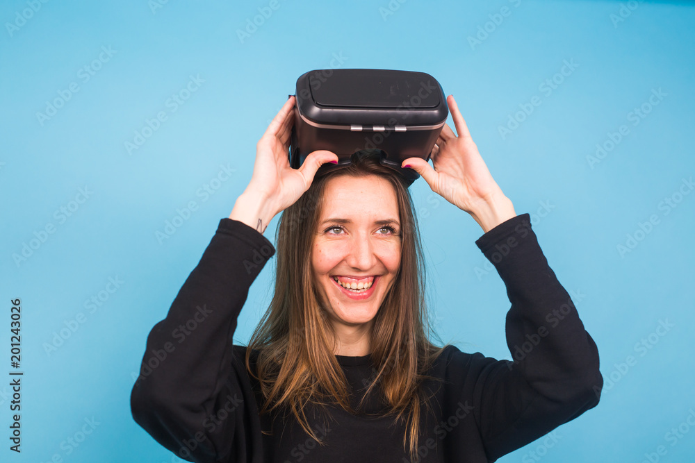 Woman with glasses of virtual reality. Future technology concept. Woman with glasses of virtual reality. Future technology concept.