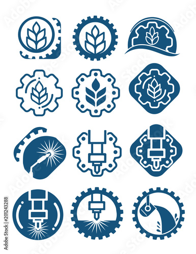 Agriculture logo set with cereal grains and industrial gears. Industrial and agricultural icon isolated with gears, wheat and welding.