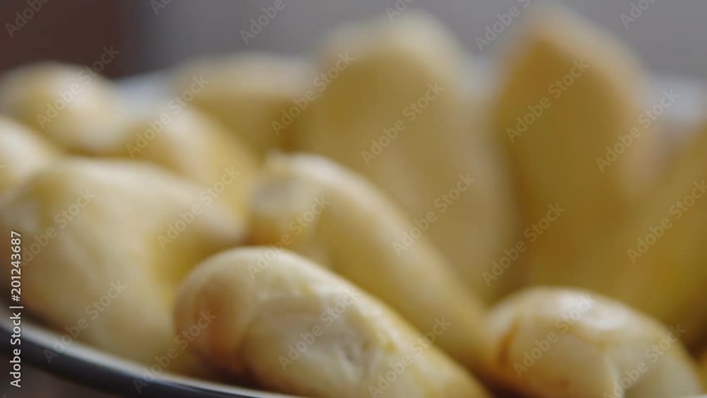 Cooking. Close-up of freshly baked pies with filling, slow motion Cooking. Close-up of freshly baked pies with filling, slow motion