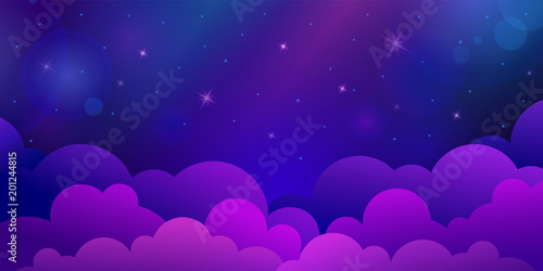 Night stars sky with clouds. Dark blue and violet horizontal illustration background