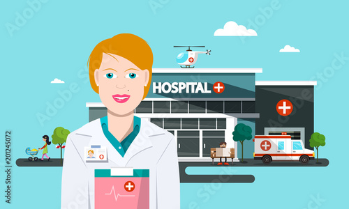 Hospital Vector Building with Doctor, Ambulance Car and Helicopter